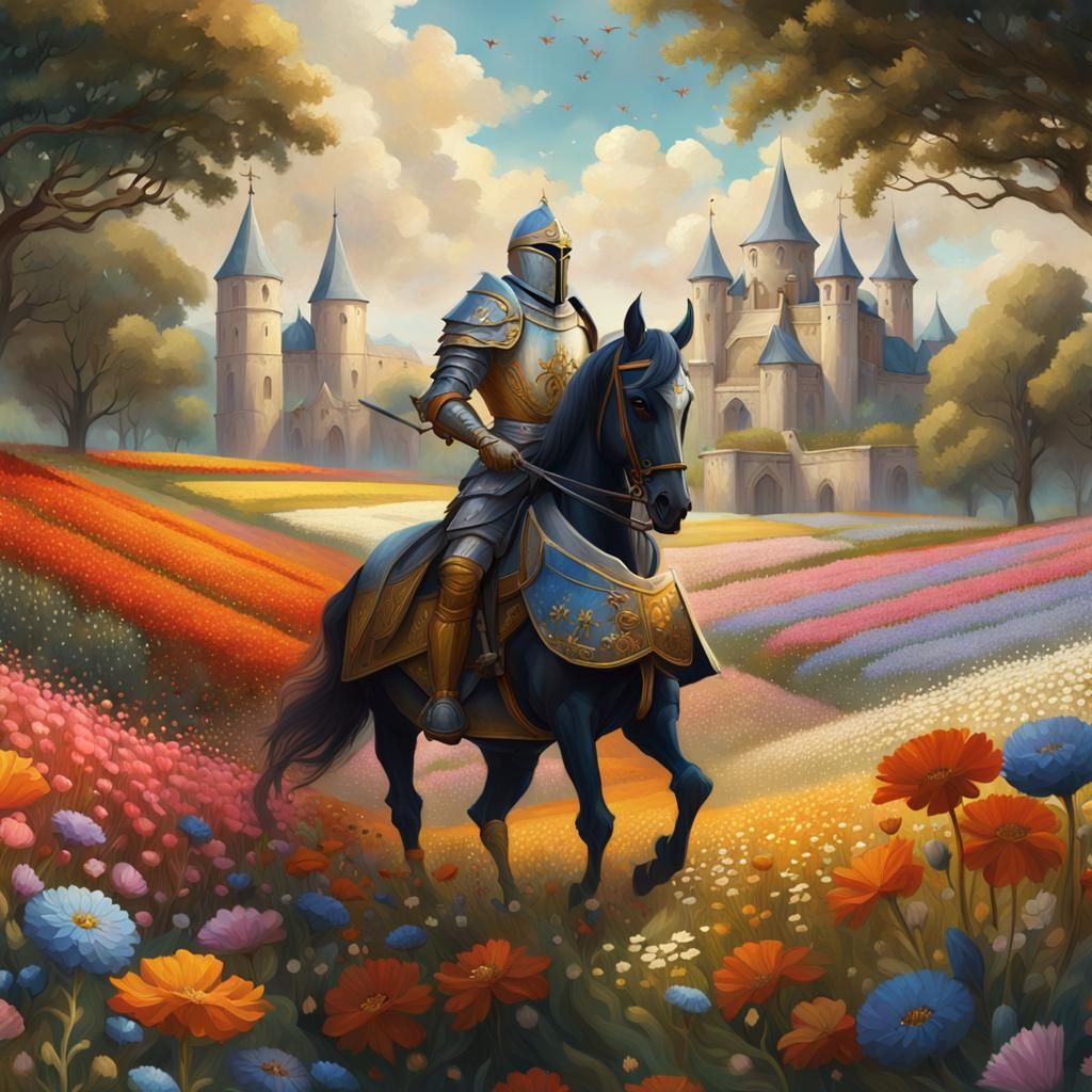 Medieval Knight in Flower Field, Renaissance Painting