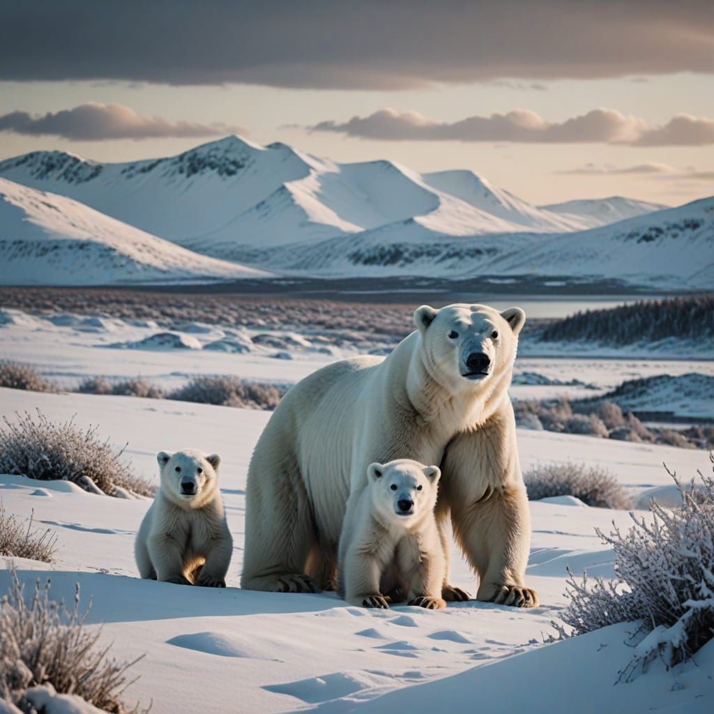 Serene Polar Bear Family in a Snowy Arctic Landscape