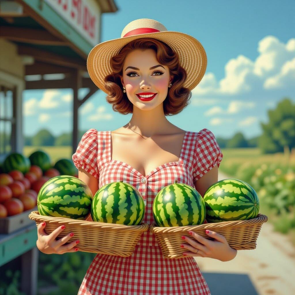Vintage Woman with Watermelons at Farmstand