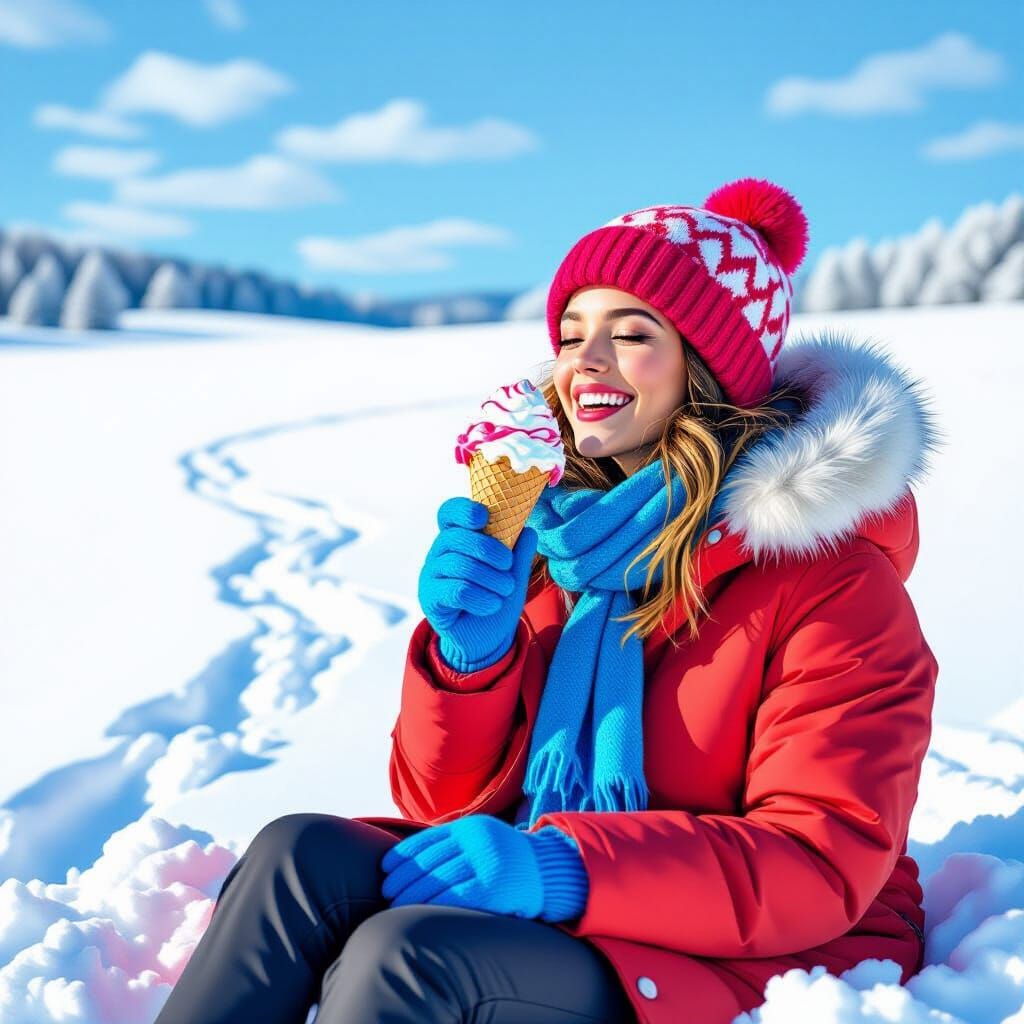 Woman in Red Coat Eats Overflowing Ice Cream in Snowy Pop Ar...