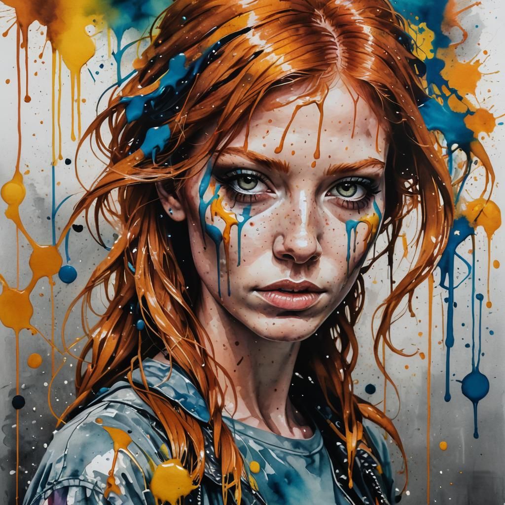 Ginger-Haired Girl Portrait in Dripping Watercolor Style