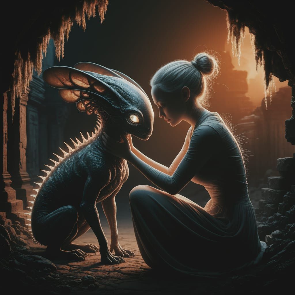 Alien Pet with Bioluminescent Eyes in Ancient Ruins