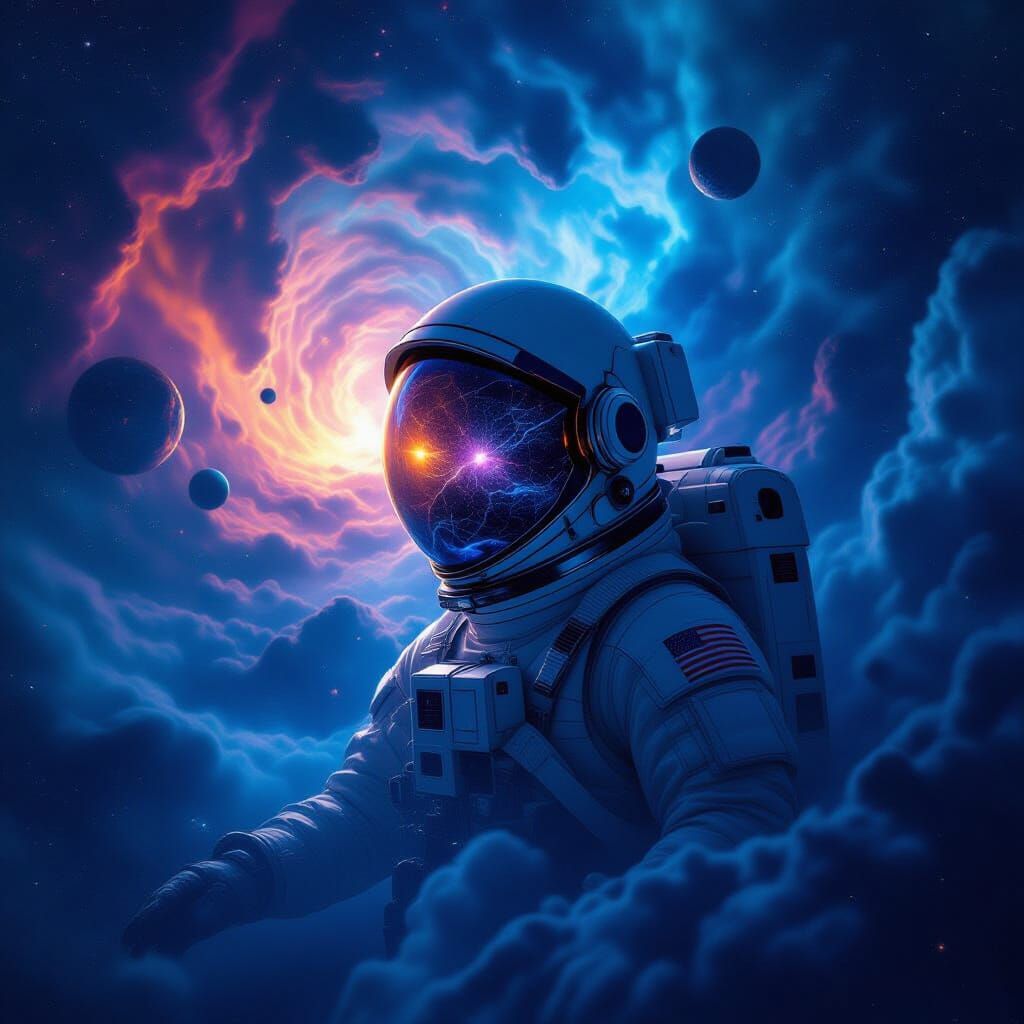 Astronaut Adrift in Cosmic Ocean of Nebulae