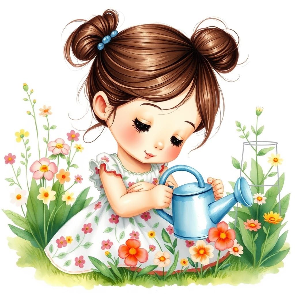 Little Girl Tends to Vibrant Flowers in Whimsical Cartoon St...