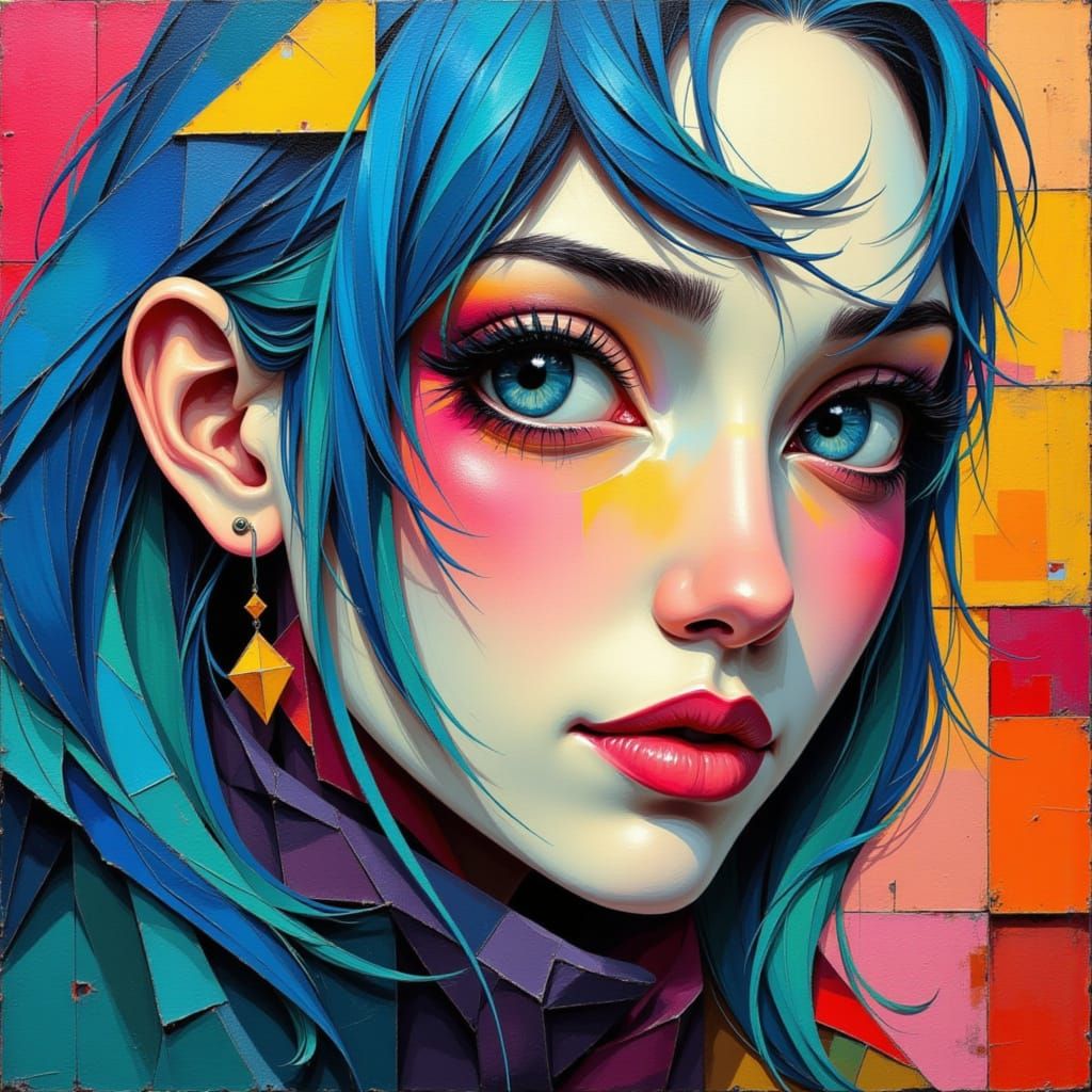 Woman with Blue Hair in Geometric Abstract Painting