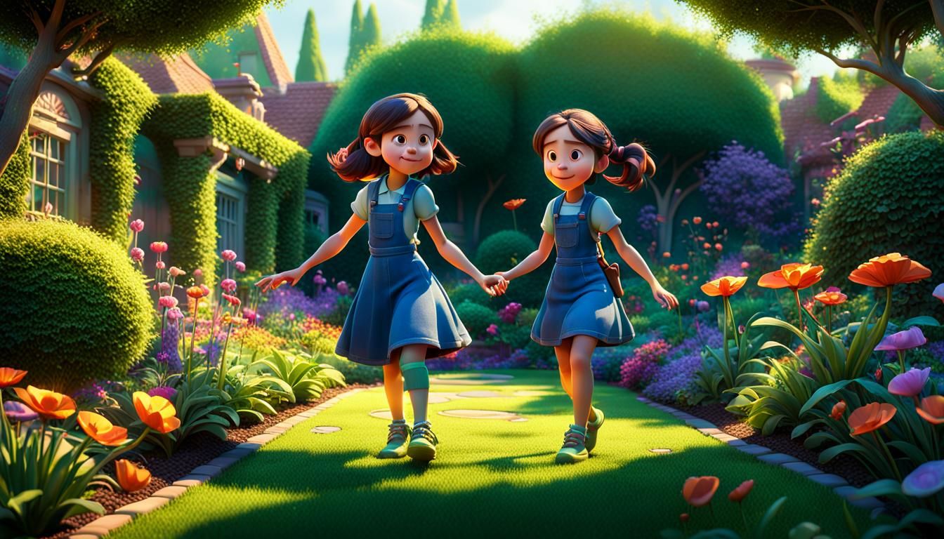 Sisters Playing in Garden, Pixar Style