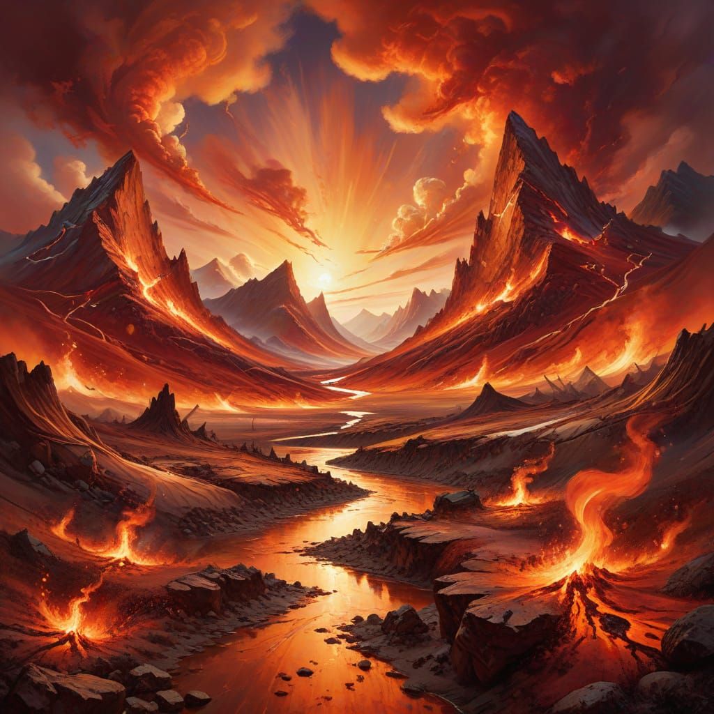 Surreal Landscape with Fiery Mountains in Oil Painting Style