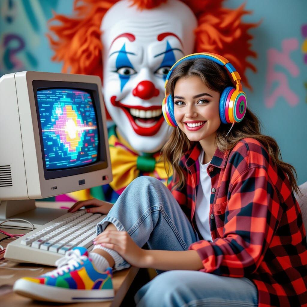 Nostalgic 1990s Woman with Retro Computer and Clown