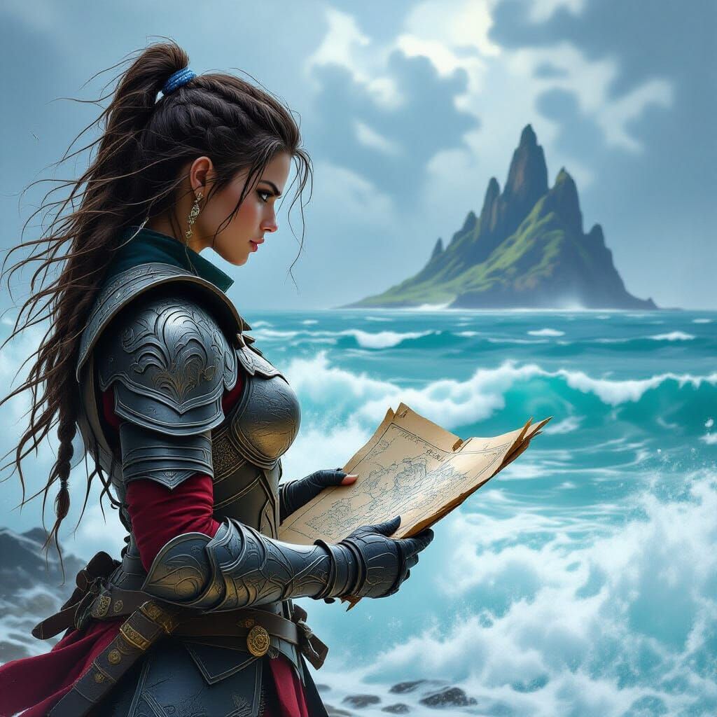 Warrior Girl on Stormy Sea, Epic Fantasy Concept Art