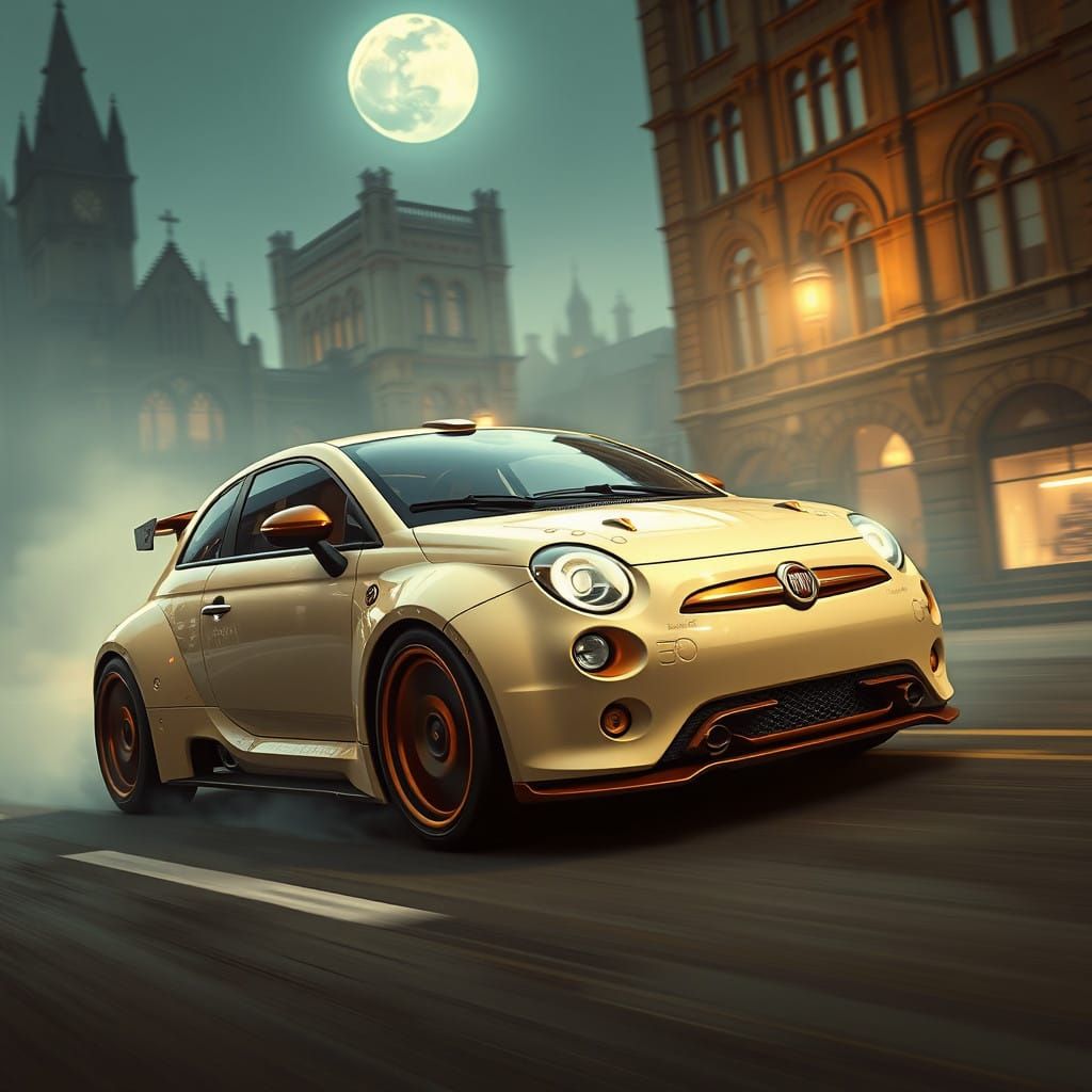 Steampunk Hypercar Speeding Through a Fog-Shrouded Cityscape