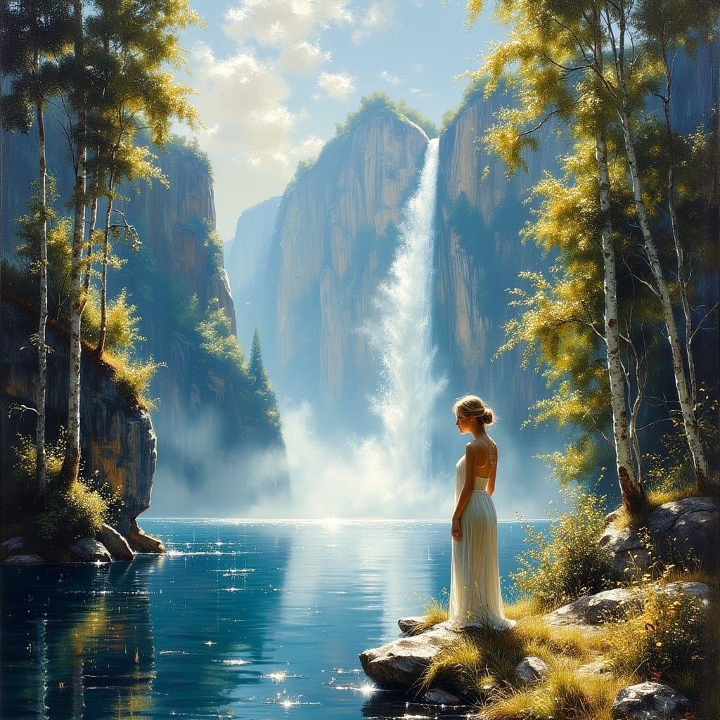 Woman by River with Waterfall, Shishkin Style