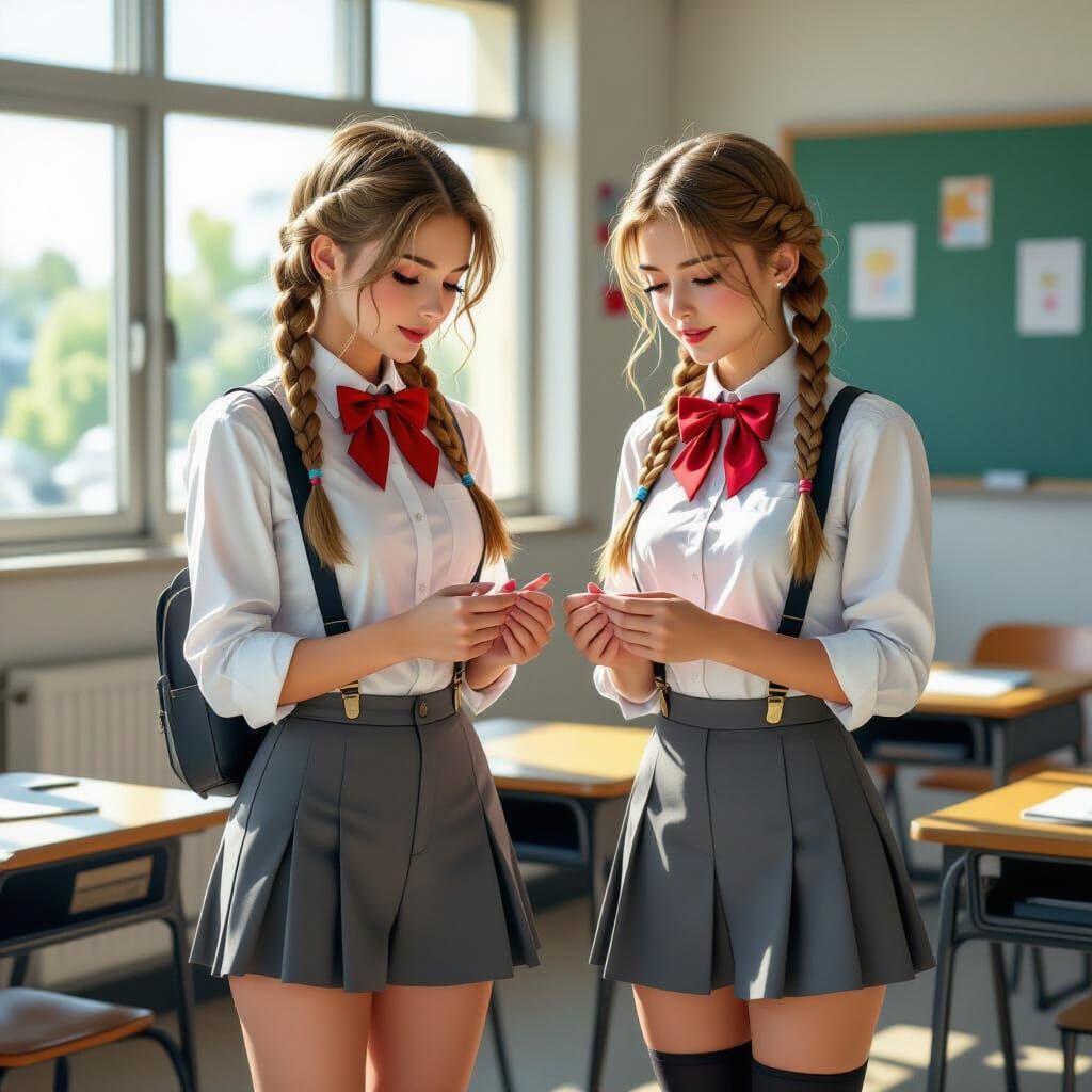 Hyperrealistic Schoolgirl in Classroom, Splash Art Style