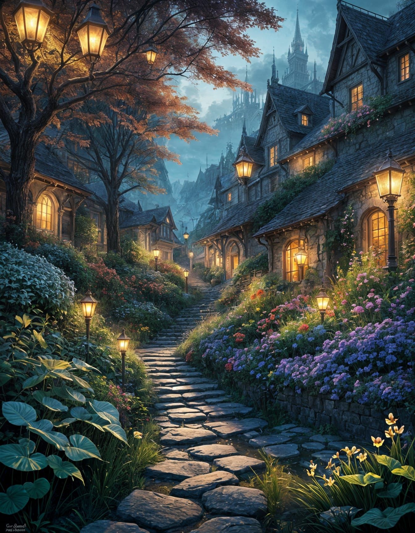 Elegant Lamplight Scene in Painterly Style