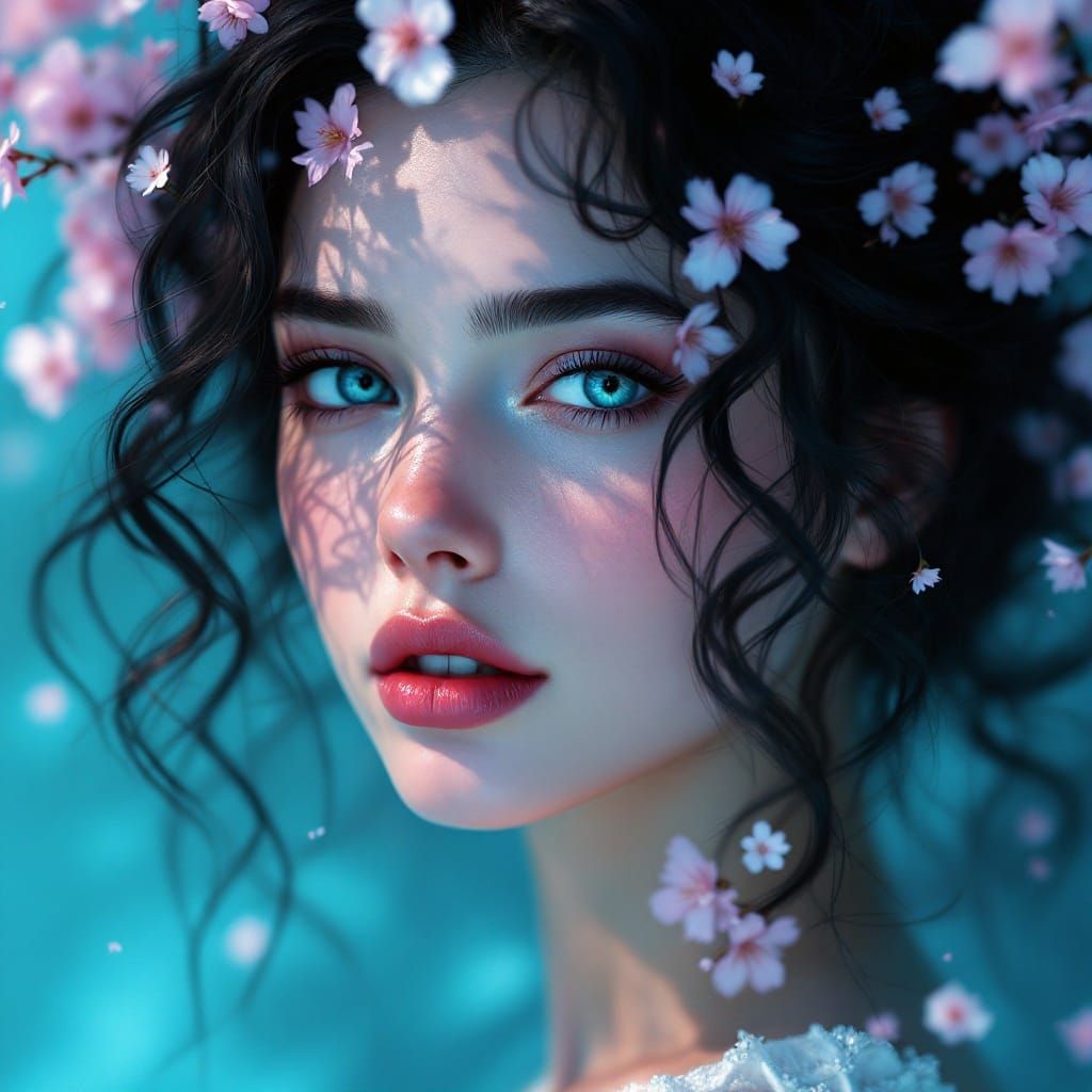 Serene Cherry Blossom Beauty in Dreamy Teal and Blue