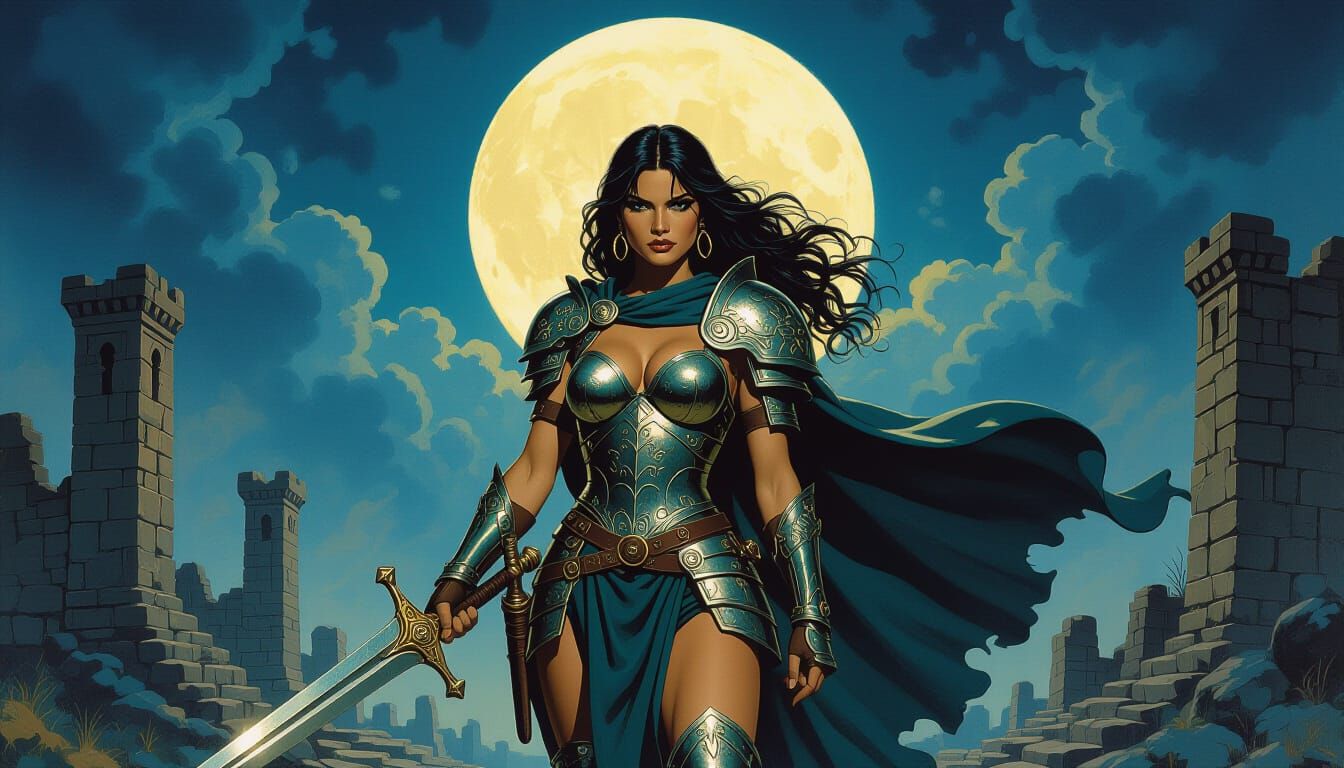 Warrior Woman in Dark Fantasy Landscape Illustration