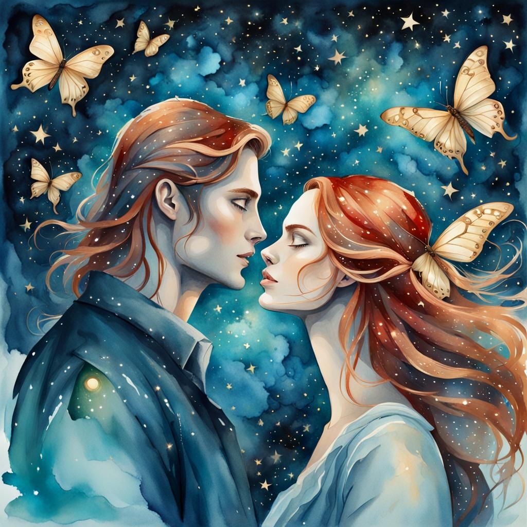 Lovers Enclosed by Starry Butterfly, Watercolor
