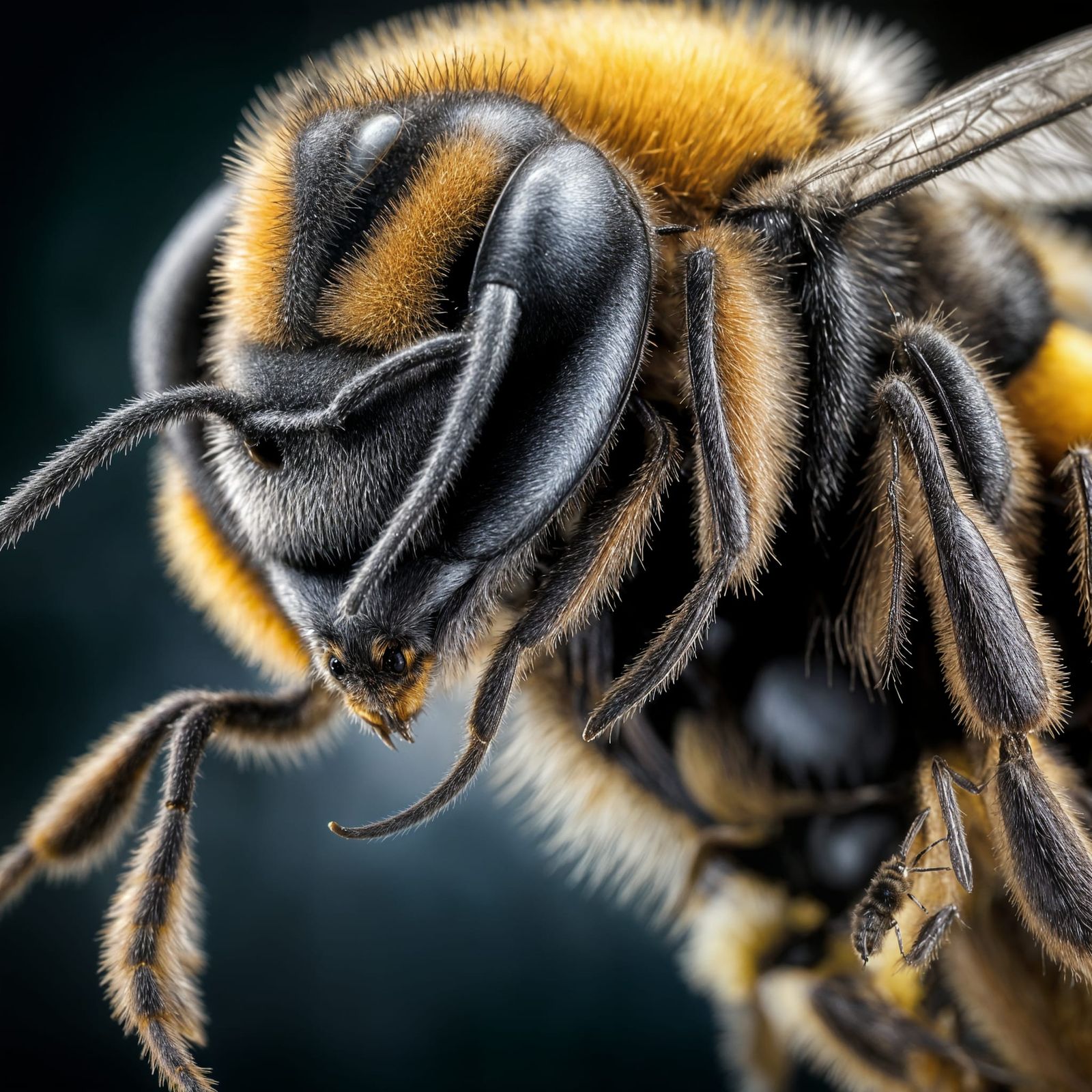 A micro macro hyper detailed view through a microscope at the finite detail of the anatomy of a bumble bee. Scientific j...