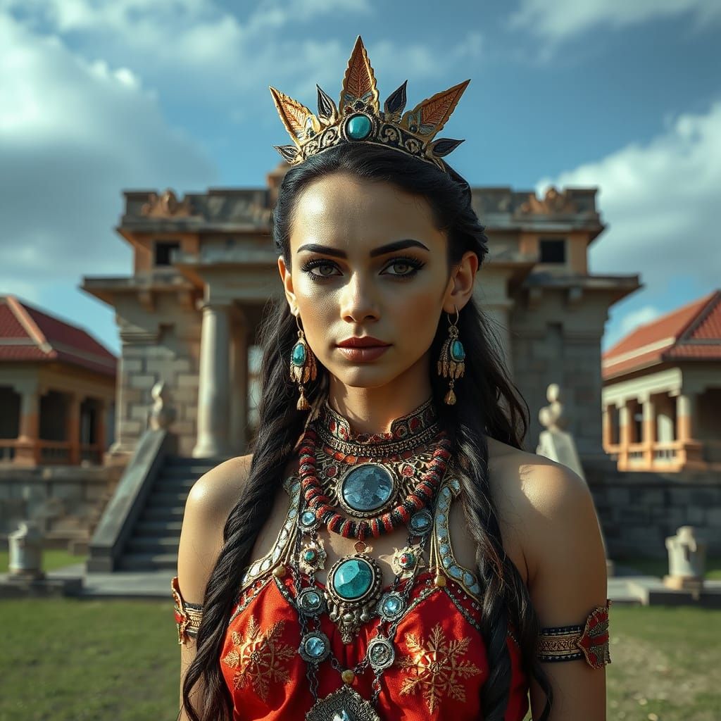 Aztec Princess Before Temple, Magazine Photography Style