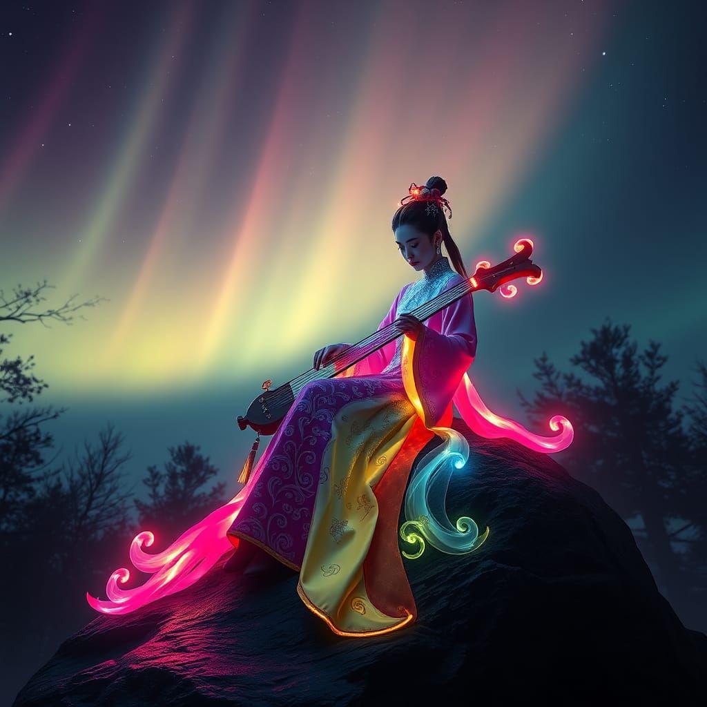Neon Chinese Girl Playing Gu Zheng Under Aurora