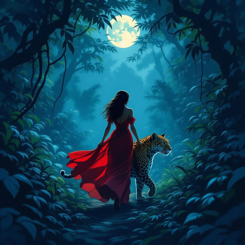 Woman on Leopard Under Moonlight in Enchanting Jungle