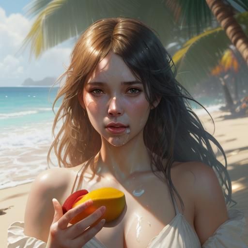 Beach Babe Eating Mango, Art Nouveau Portrait