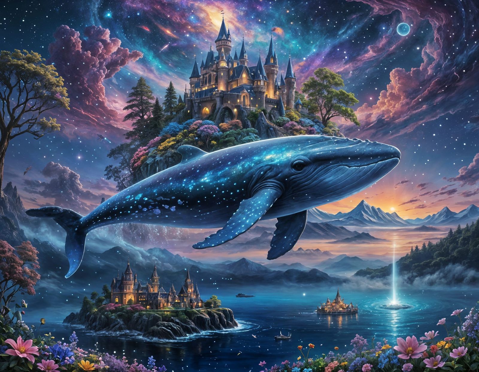 Fantasy Whale flying over a seascape