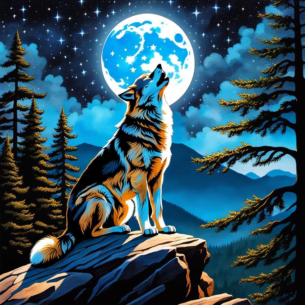 Wolf Under Cosmic Sky in Native American Style