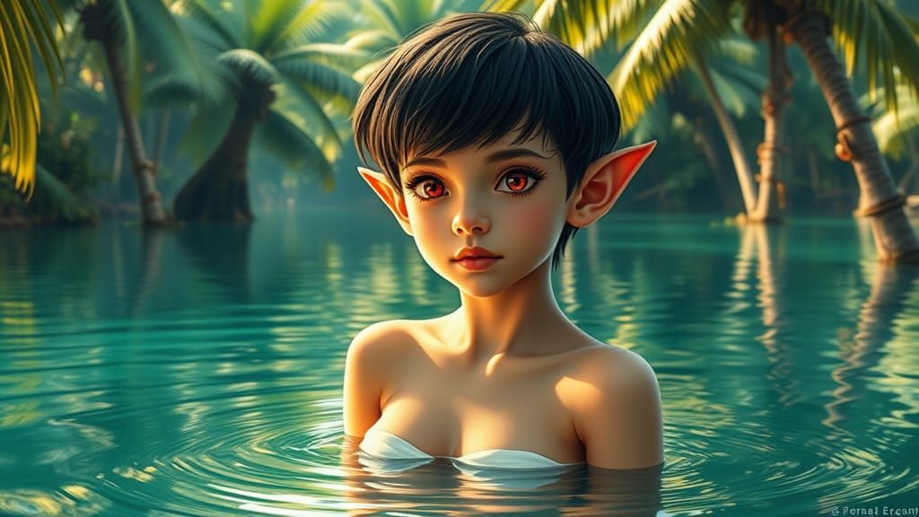 A lone, elfin girl with pointy ears, short, black hair, and piercing red eyes, stands partially submerged in the calm wa...