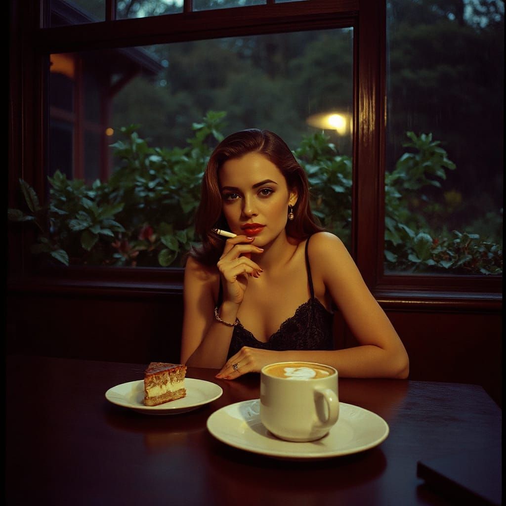 Woman Smoking in Rainy Cafe, Cinematic Film Aesthetic