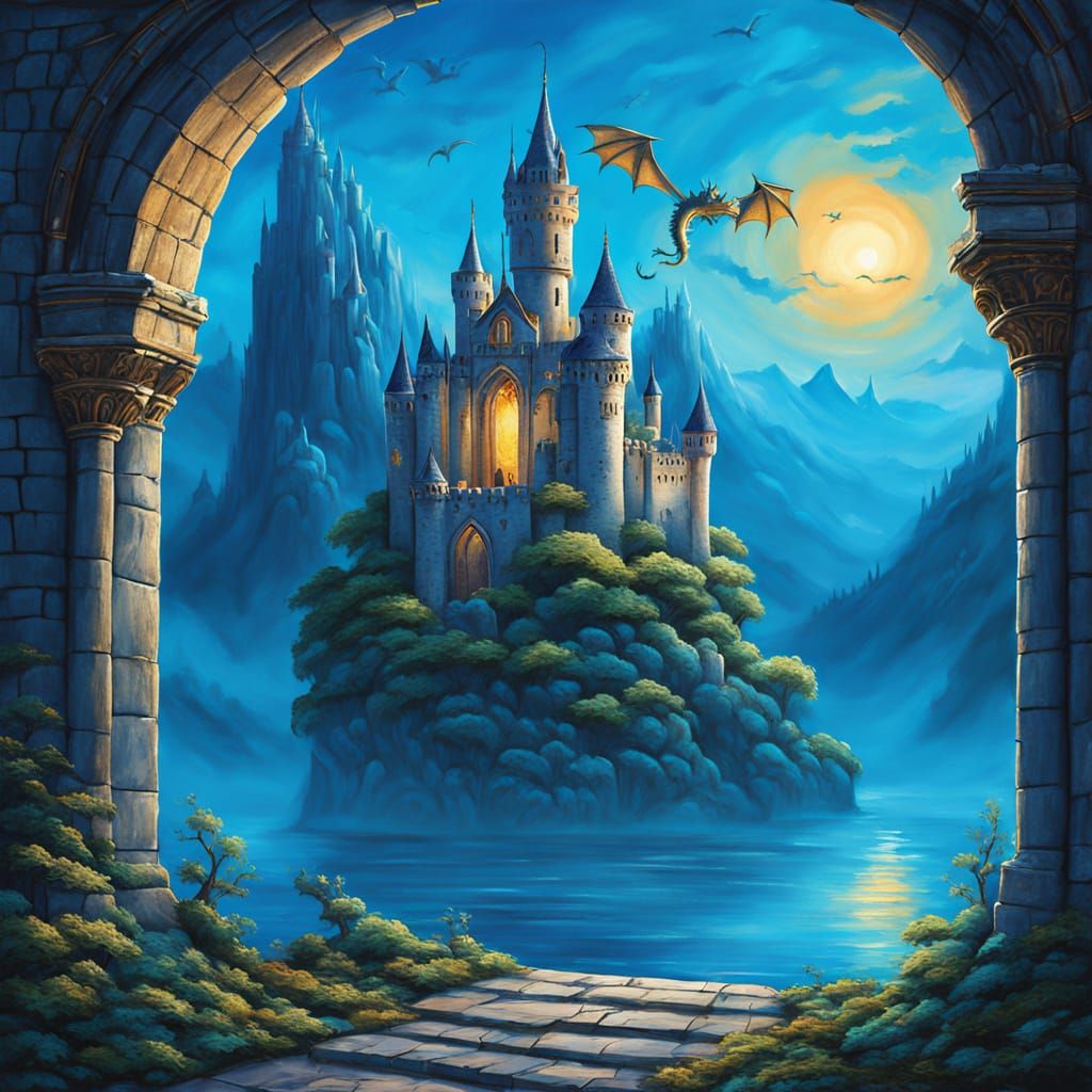 Fantasy Landscape with Gothic Portals, Acrylic Painting