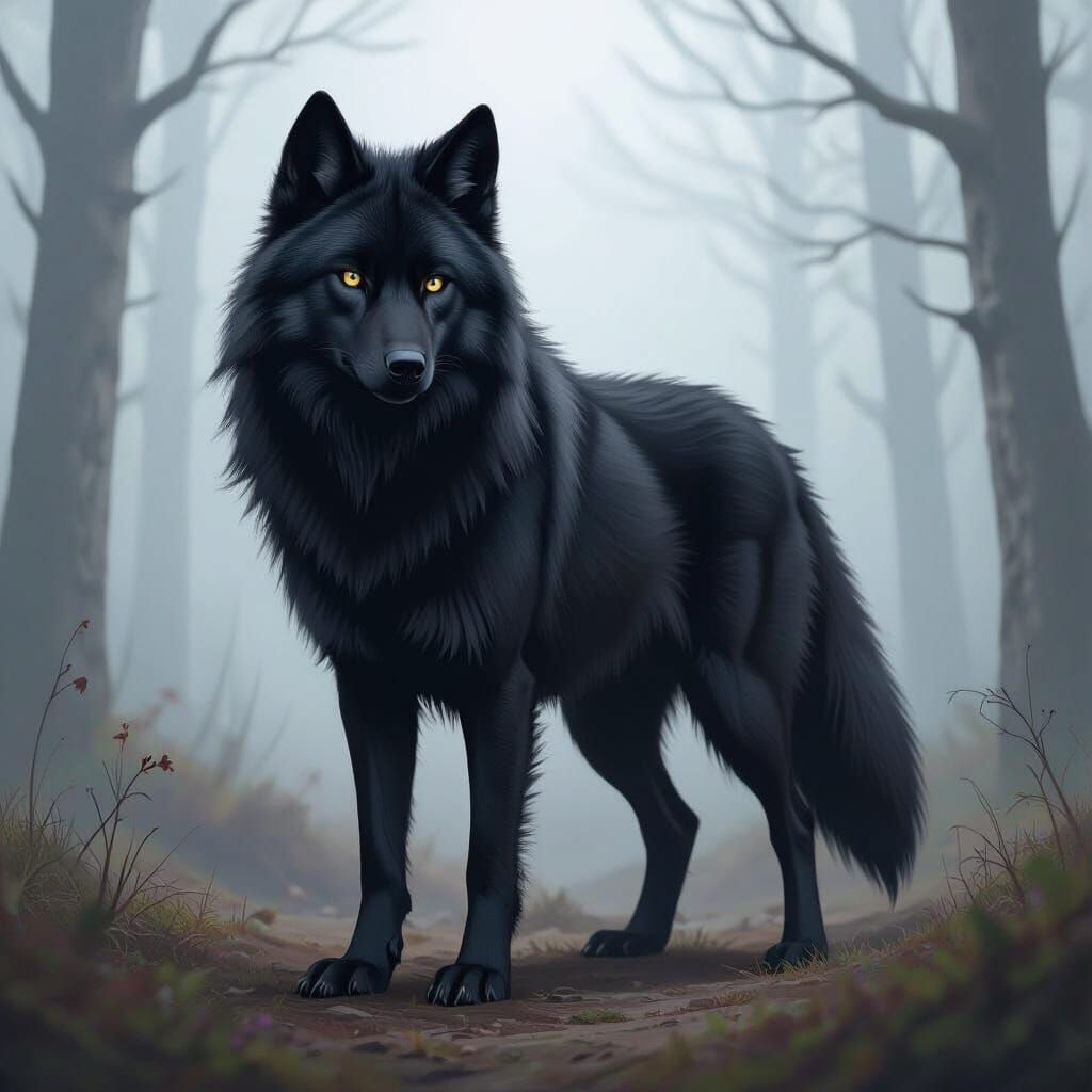 Majestic Black Wolf in Misty Forest Art