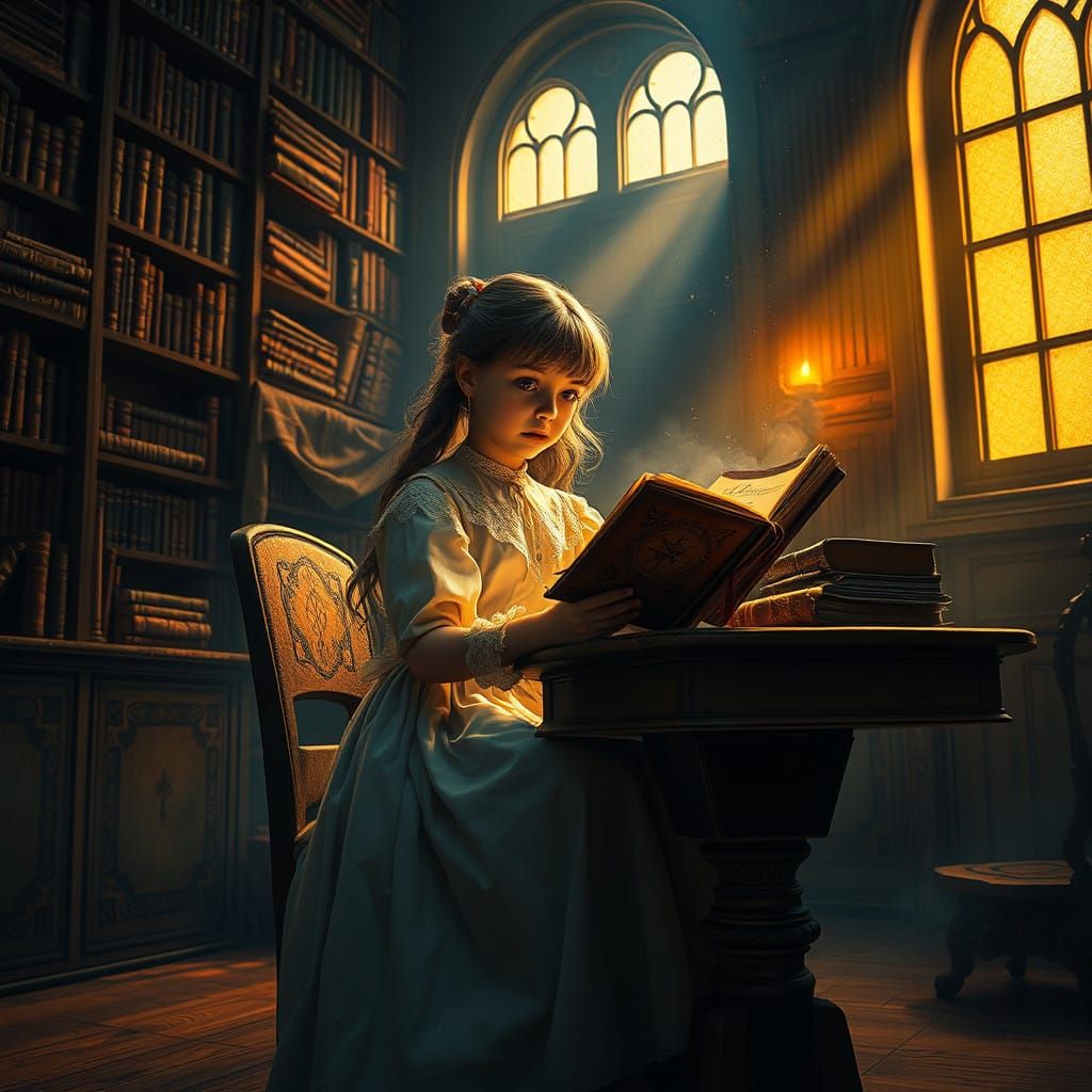 Young Girl Discovers Mysterious Notebook in Mystical Library