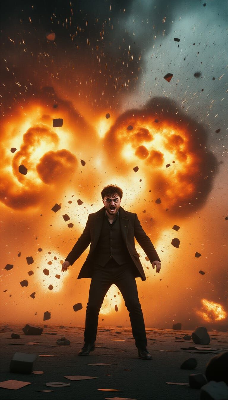 Man in Explosion: Dark Fantasy Cinematic Still