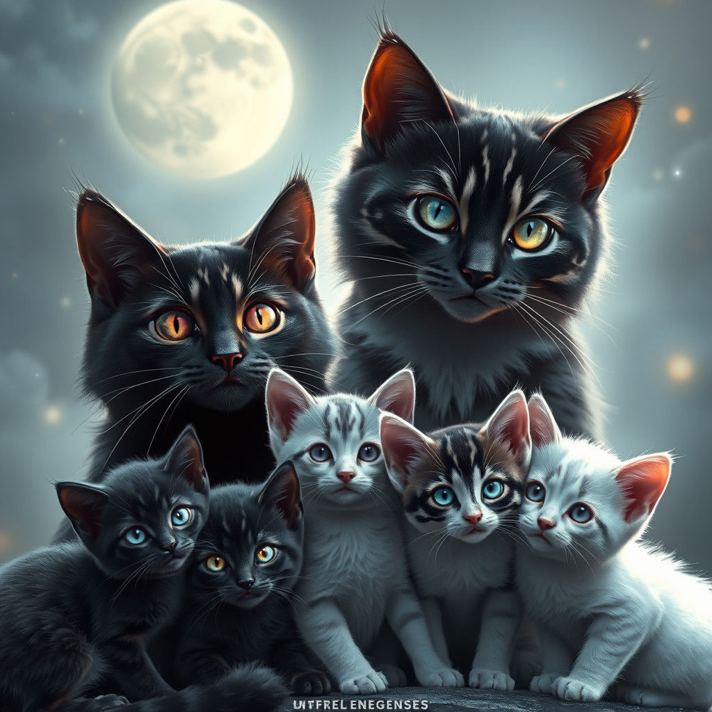 Magical Cat Family Portrait in Dreamlike Fantasy Style