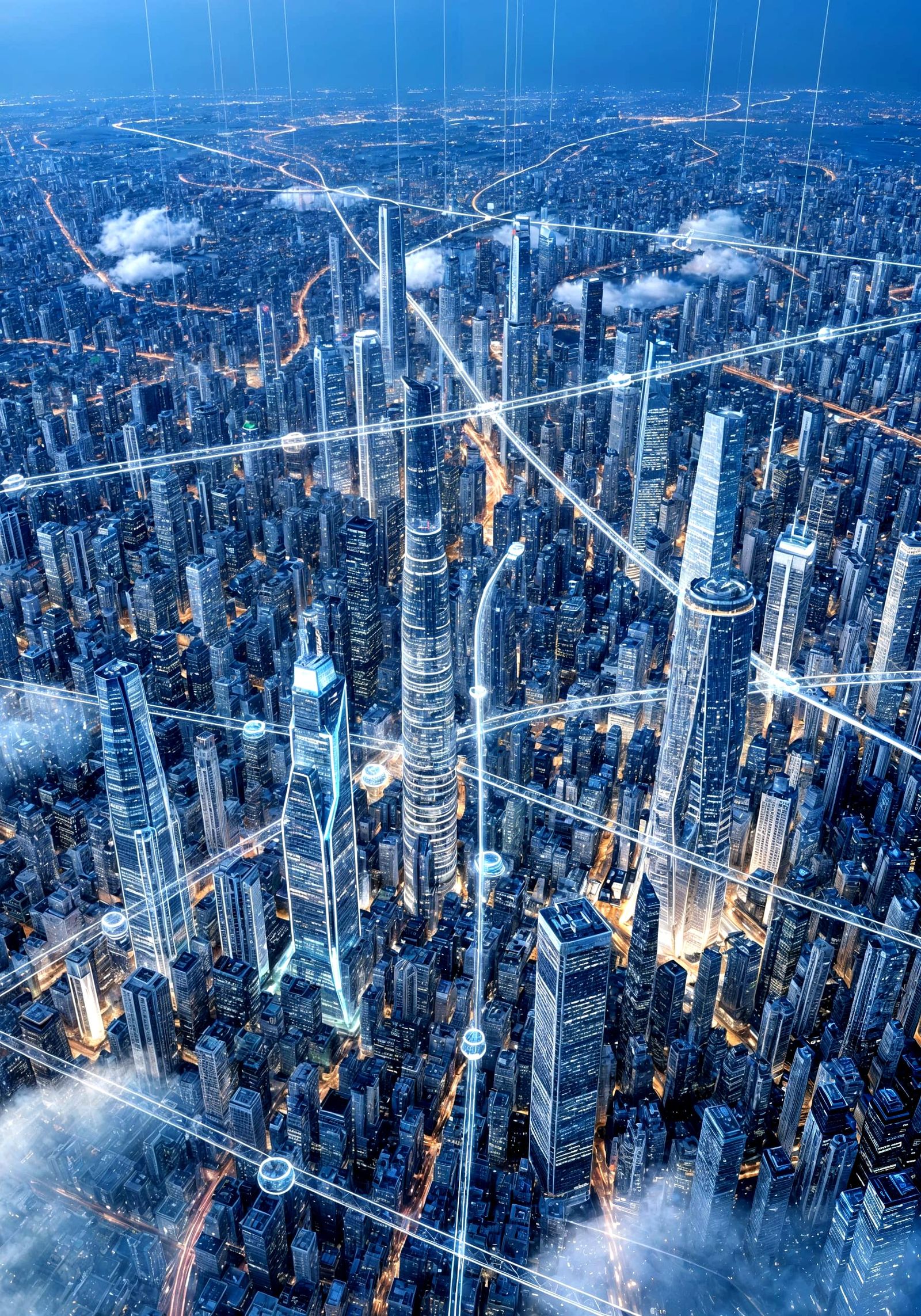 Futuristic Metropolis at Twilight: Aerial View