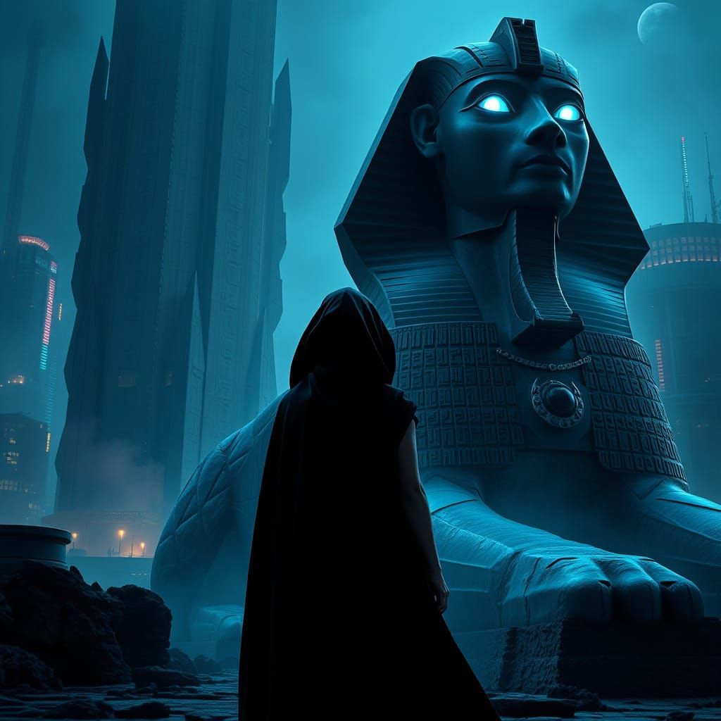Mysterious Woman Before Ancient Sphinx in Neon Cityscape