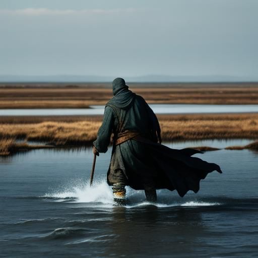 Hyperrealistic Ferryman Crossing Wasteland Waters