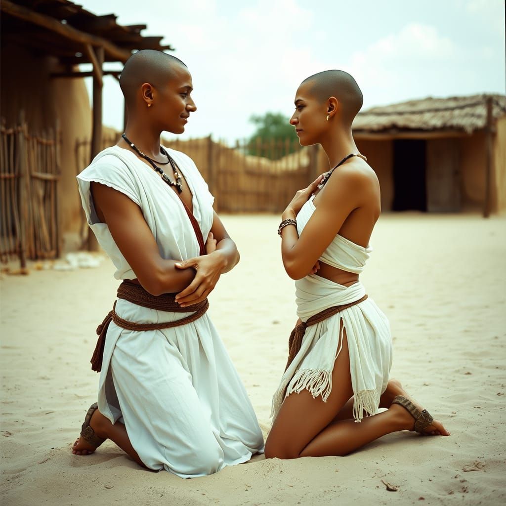 Two Warrioresses Embrace: Dramatic Cinematic Film Still