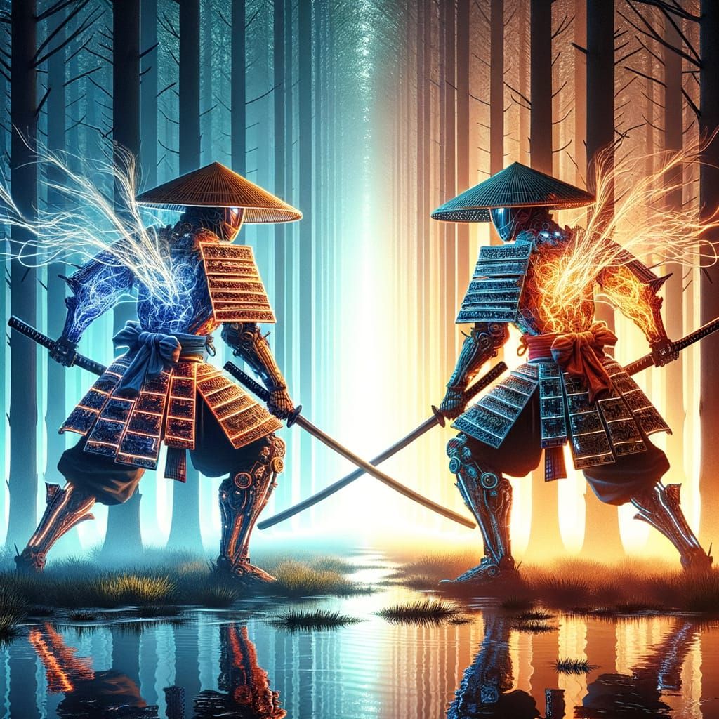 Futuristic Samurai Duel in Mystical Forest