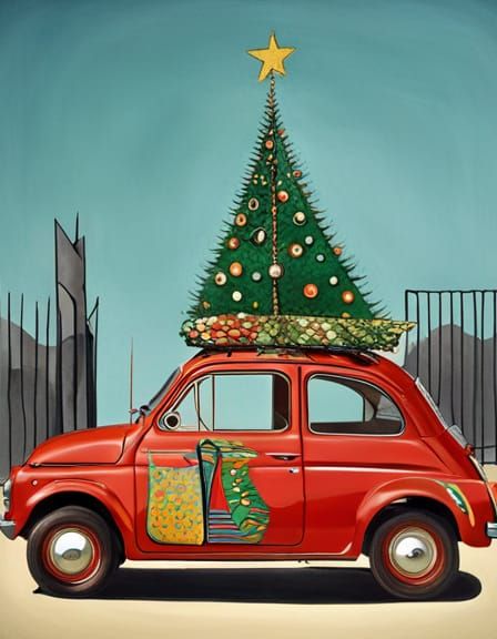 Fiat 500 with Christmas Tree in Cubist Style