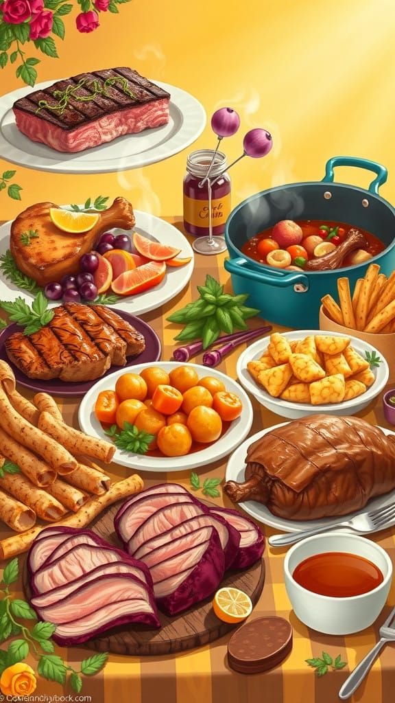 Whimsical Opossum Dishes in a Vibrant Still Life