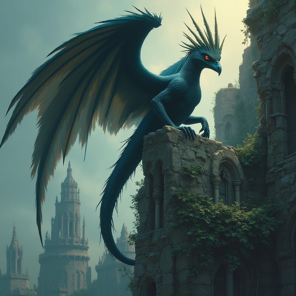 Cockatrice Perched Atop Gothic Cathedral