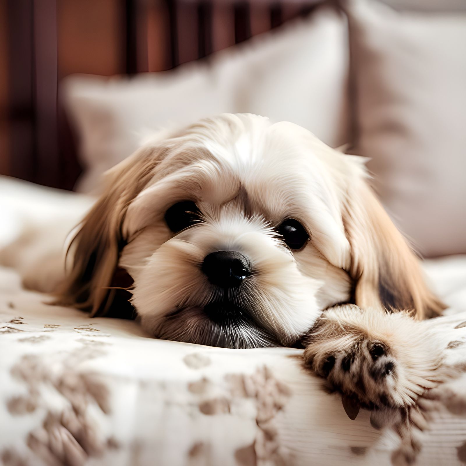 Adorable Lhasa Apso Puppy on Luxury Bed