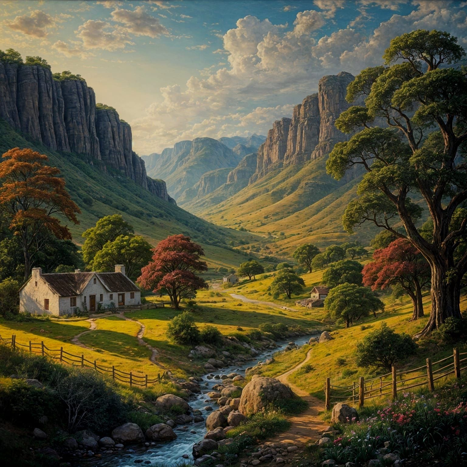 Idyllic Valley Landscape Painting with Cottage and Brook