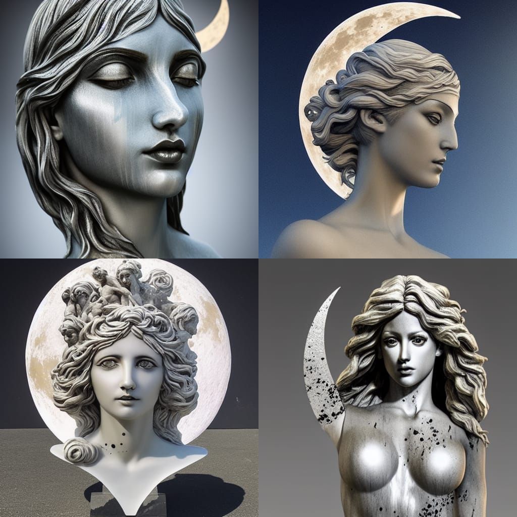 Greek Goddess of Moon sculpture, covered in resin paint silver liquid acrylic splattered, frosted, artstation, artgerm, ...