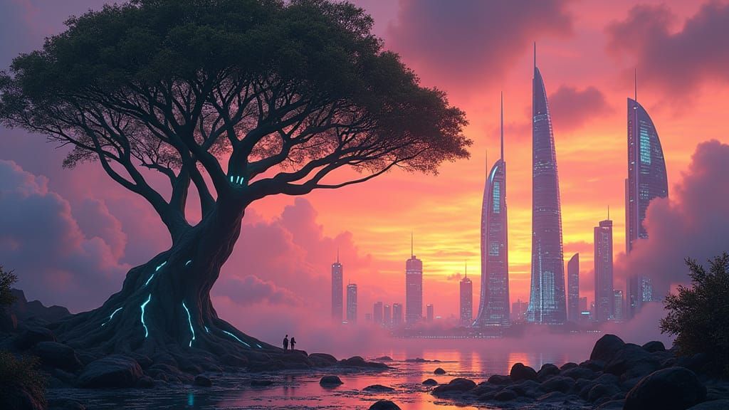 Afrofuturist Ubuntu Cityscape with Neon Code and Aurora