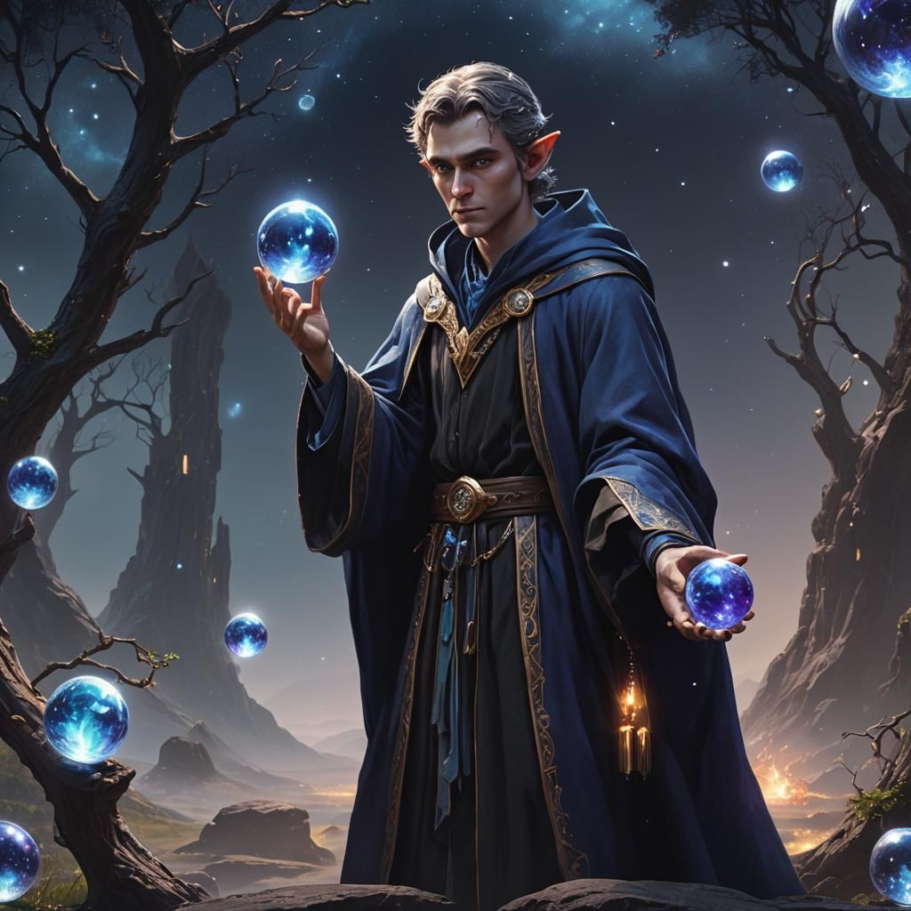 Young Elf Wizard with Crystal Orb, Fantasy Art