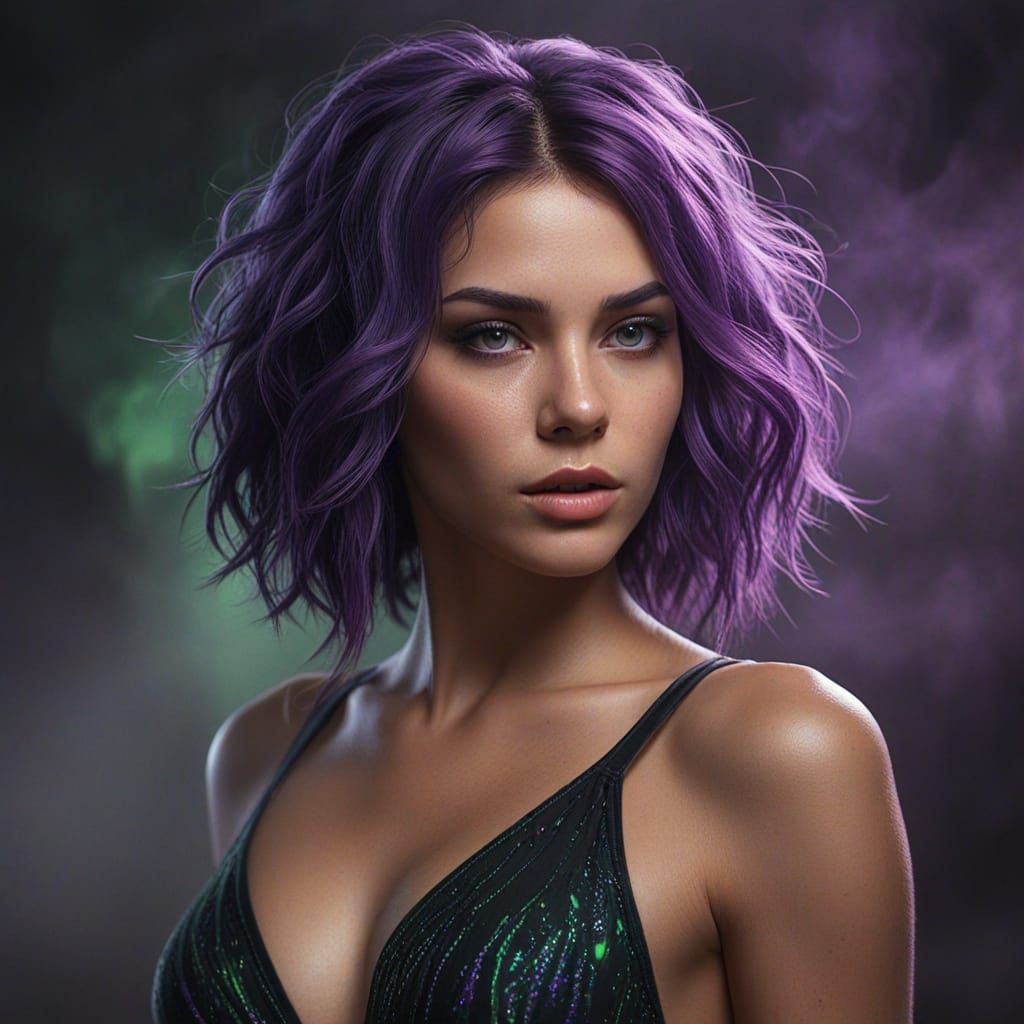 Purple-Haired Model Emerging from Fog, Fantasy Art