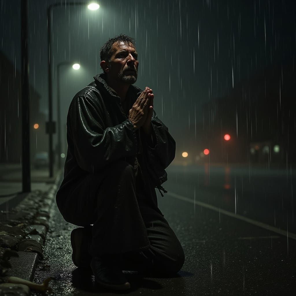 Man in Distraught Prayer on Rainy Night