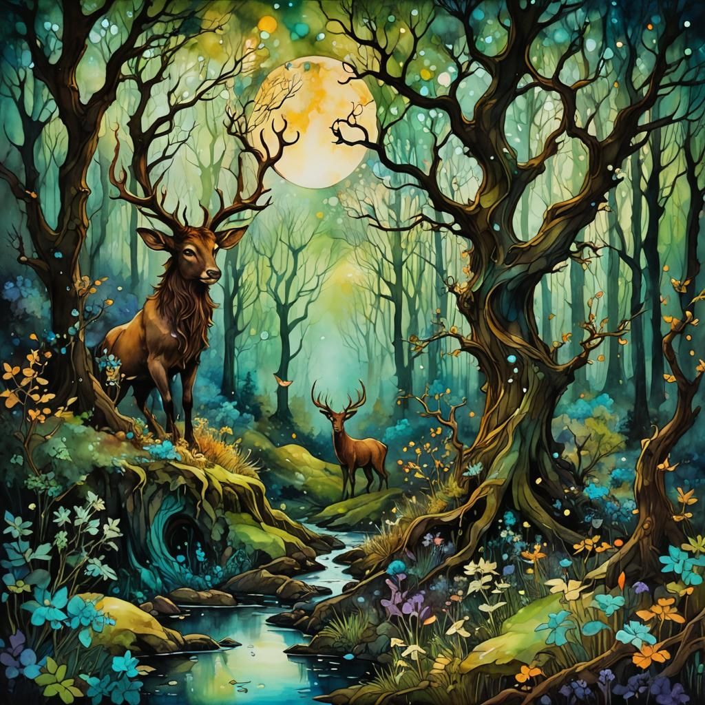 Satyr Gathering in Whimsical Noctilucent Woodlands